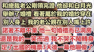 和總裁老公剛領完證，他卻和白月光舉辦了婚禮，看著屬於我的婚紗穿在別人身上，我的老公親在別人嘴上許諾著不離不棄，他一句婚禮而已，洞房還是我的一笑而過，我不哭不鬧轉身定了出國的機票，3天後一幕他嚇傻了