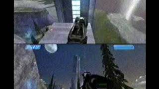 Halo Tricks and Glitches. Hog and Master Chief on cliff blue beam tower.