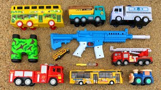 Finding Toy shotgun, Binocular, Police Van, Fire Truck, Train, Tanker & 3 Different Type Bus Vehicle