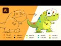 Draw a Dinosaur. ADOBE ILLUSTRATOR. Vector cartoon from sketch to full color illustration