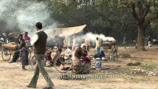 Bihar Sonepur mela encampment with hot peanuts for breakfast!