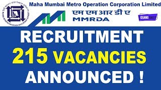 MMRDA Recruitment 2020 || 215 Vacancies || Mumbai Metro Jobs Notification || MMRDA