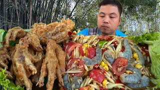 ตำกุ้งสด♨️ตีนไก่ทอดกรอบเข้ากันดีแซ่บ#food