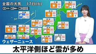 【5月17日(火)の天気予報】太平洋側ほど雲が多め 関東は雨が心配