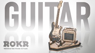 Realistic Wooden Guitar Miniature. ROKR Electric Guitar TG605K Speed Build. 3D Wooden Puzzle.