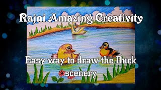 How to draw Duck Scenery |Floating Duck scenery drawing| Easy natural scenery drawing
