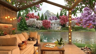 Cherry Blossoms Forest Ambience on Spring Terrace by the Lake with Cozy Campfire & Relaxing Birdsong
