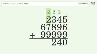 Long addition: Solve 2345+67896+99999 step-by-step solution