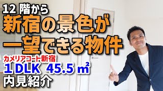 12階から新宿の景色が一望できる賃貸物件！でもなぜ風呂のカラーがライトグリーンなのか！？「大久保駅」から徒歩3分の好立地賃貸マンション　『カメリアコート新宿』1202号室の1LDK45.5㎡