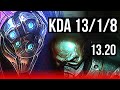 JAX vs URGOT (TOP) | 13/1/8, 7 solo kills, Legendary, 300+ games | EUW Master | 13.20