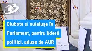 Ciubote și nuielușe în Parlament, pentru liderii politici, aduse de AUR