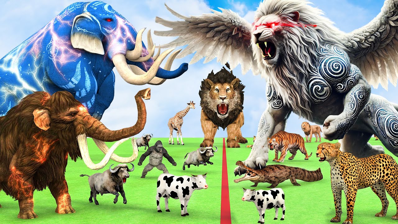 5 Giant Mammoth Elephant Cow Vs Giant Angry Lion Vs 5 Giant Lion Tiger