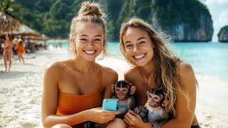 🇹🇭⛱️🐒 MONKEY BEACH PHI PHI ISLAND, UP CLOSE WITH WILD MONKEYS IN TROPICAL PARADISE, THAILAND, 4K