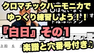 『白日』(その1)最初のメロディをクロマチックハーモニカでゆっくり練習してみよう！楽譜と穴番号付き！！難しそうなキーだけど、ほとんどボタン押しっぱなし♫