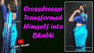 Boy into Bhabhi क्रॉसड्रेसिंग in Royal Blue Saree & Satin blouse | Bold Look MtF Transformation #cd