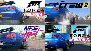 Forza Horizon 4 and Forza 3 vs NFS Heat vs The Crew 2 | Nissan Skyline GT-R V-Spec (R34) Comparison