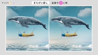 【超難問！間違い探し】初心者は難しいから気を付けて！くじら飛行機から間違いを５か所探してください。