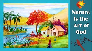 Indian village scenery drawing and painting || Beautiful Village scenery  || Nature Drawing Painting