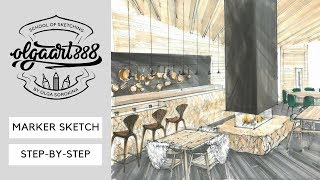 🤓Interior Sketch Commission STEP-BY-STEP: how to draw a restaurant with markers