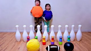 Learn Sport Ball Names with Big T-Shirt and Bowling Pins for Children