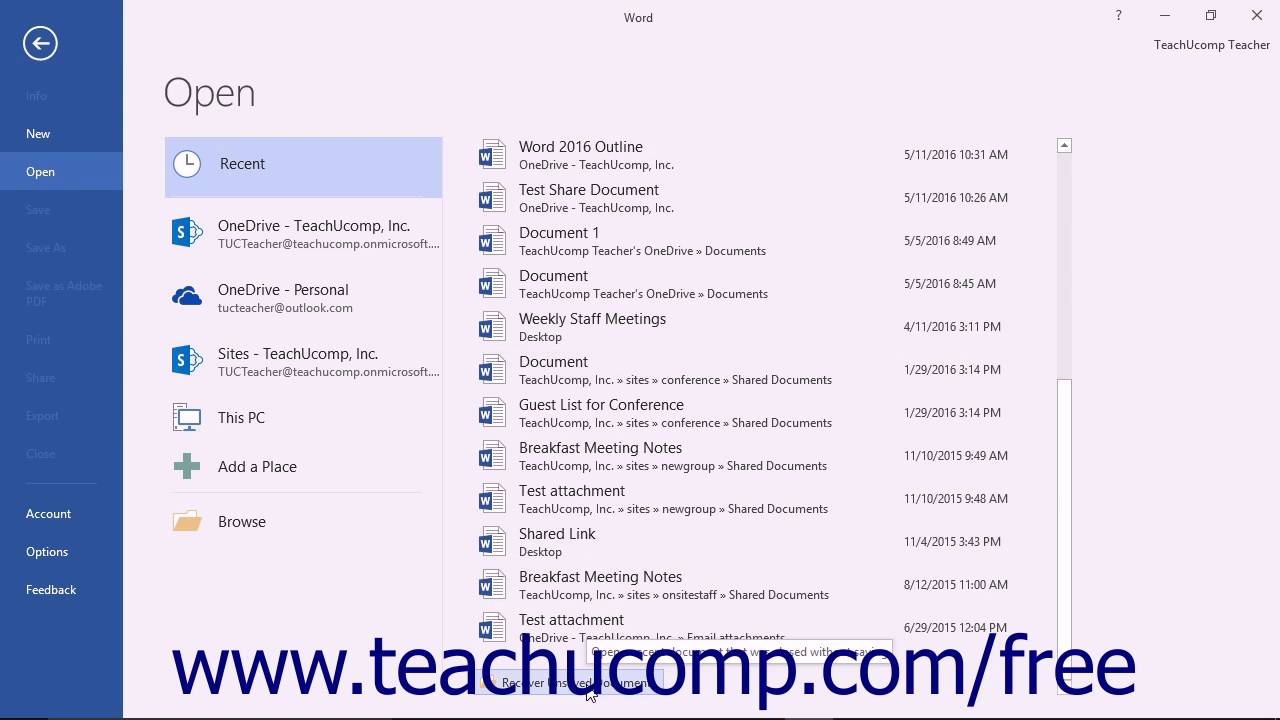 Word 2016 Tutorial Recovering Unsaved Documents Microsoft Training ...