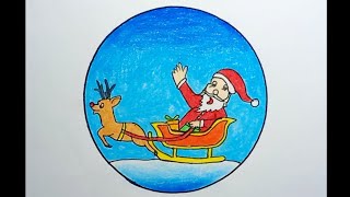 How To Draw Christmas Scenery With Santa Claus And Deer |Drawing Christmas Scenery In A Circle