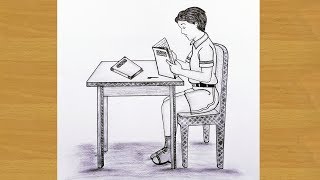 how to draw boy sitting on a chair reading a book||pencil sketch drawing||Gali Gali Art ||