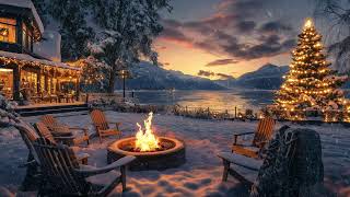 Serene Lake in Winter with Gentle Snow Falling \u0026 Cozy Crackling Fire Sounds | Lakeside Ambience