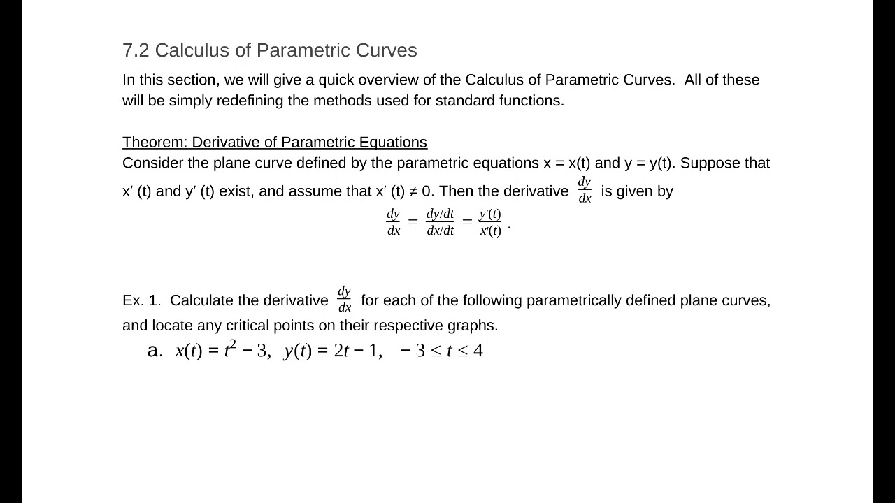 7.2 Calculus Of Parametric Curves - YouTube