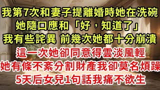 當我第7次和妻子提離婚時她在洗碗，她隨口應和「好，知道了」我有些詫異前幾次她都十分崩潰，這一次她卻同意得雲淡風輕，她有條不紊做財產分割我卻莫名煩躁，5天后女兒1句話我痛不欲生#復仇 #逆襲 #爽文