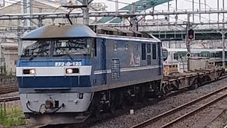 【高崎EH200を新鶴見EF210が代走！】JR貨物EF210形123号機+コキ2両が大宮駅6番線を通過するシーン(8764列車・新A205・その他)2024/07/06