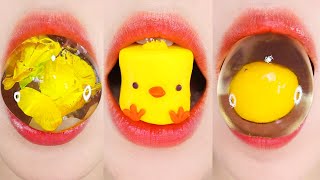 Flower Water Jelly, Gummy Tanghulu, Chick Marshmallow, Egg Jelly, Lemon, Yellow Dessert ASMR Mukbang