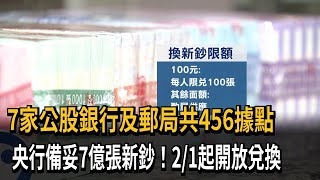 7家公股銀行及郵局共456據點　央行備妥7億張新鈔！2/1起開放兌換－民視新聞