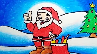 How To Draw Christmas Scenery Step By Step |Drawing Santa Claus With Christmas Tree Easy