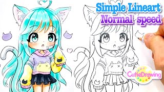 Let's draw Lineart with me! (Normal speed ) How to draw a Cat girl with a hoodie/Gachalife/Easy