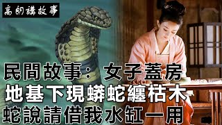 民間故事：女子蓋房，地基下現蟒蛇纏枯木，蛇說請借我水缸一用｜高朗講故事