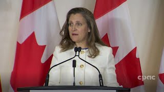 Finance Minister Chrystia Freeland speaks with reporters on government's plan to tackle inflation