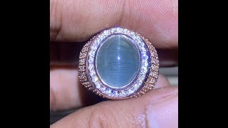 Natural 5.84ct Batu Cat Eye Aquamarine Beryl Memo Cincin Perak