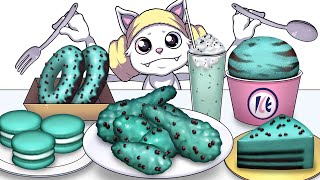 Mukbang Animation Mint Chocolate chicken food set Muk Cat 먹방 애니메이션 민트 초코 치킨과 음식들을 먹는 먹캣