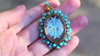 c. 1870s Victorian Crystal Reverse Intaglio Persian Turquoise Sentimental Pendant Locket