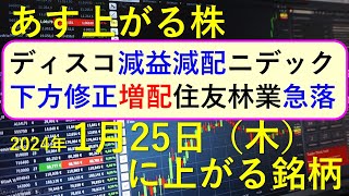 あす上がる株　2024年１月２５日（木）に上がる銘柄　～最新の日本株での株式投資のお話です。初心者でも。ディスコとニデックの決算速報。住友林業が急落～