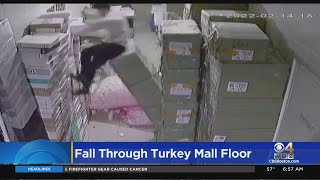 Man Looking At Phone While Walking Falls Through Opening In Floor