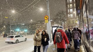 Stockholm, Sweden | Heavy Snowfall at Night Walk