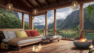 Cozy  Cabin Porch Ambience | Summer Forest and Mountains Ambience | Birdsong, Lake Waves
