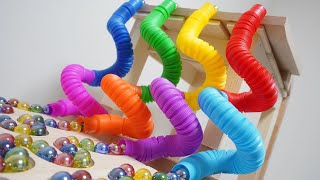 マーブルランレースASMR☆小さなぐるぐるカラフルトンネルとカタカタレールといつものHABAスロープ【AMSR best marble runs】