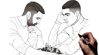 How To Draw Messi vs Ronaldo (Chess) | Step By Step | Football / Soccer