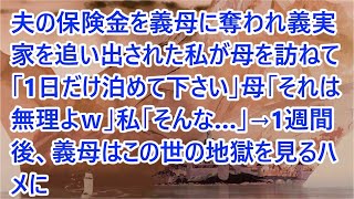 【スカッとする話】夫の保険金を義母に奪われ義実家を追い出された私が母を訪ねて「1日だけ泊めて下さい」母「それは無理よｗ」私「そんな…」→1週間後、義母はこの世の地獄を見るハメに【修羅場】