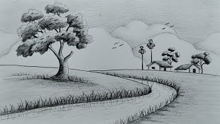 How to draw easy pencil sketch scenery || Easy pencil sketch landscape drawing tutorial