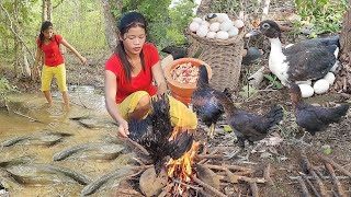 Survival in forest, catch and cook chicken for jungle food, Baby duck egg cooking for food, +5 video