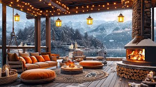Outdoor Coffee Shop Ambience With Gentle Falling Snow ☕ Smooth Jazz Instrumental for Relax, Study